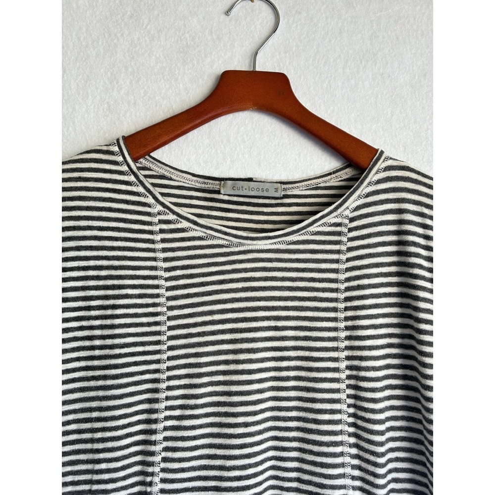 Cut Loose Womens Medium Striped Linen Blend Tunic Top Grey White Made in USA - Picture 2 of 5